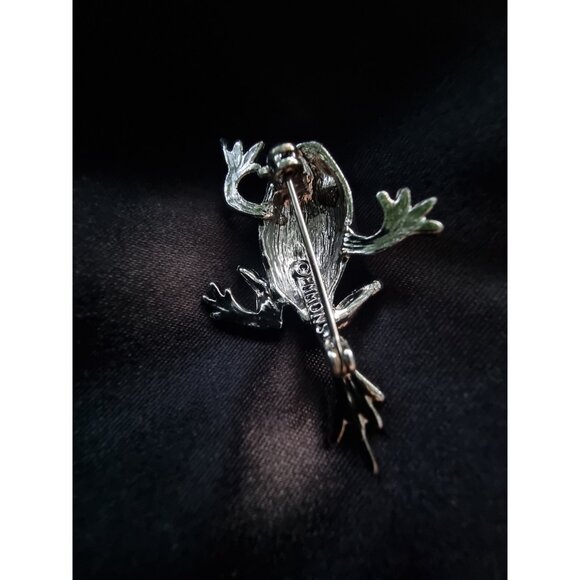 Vintage EMMONS Signed Silver Frog Faux Turquoise Eyes Brooch Pin - Picture 5 of 5
